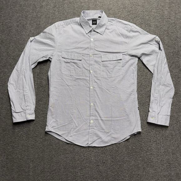 Hugo Boss Slim Fit Shirt Mens Medium Blue Check Button Up Roll Tab Long Sleeve - Picture 1 of 7